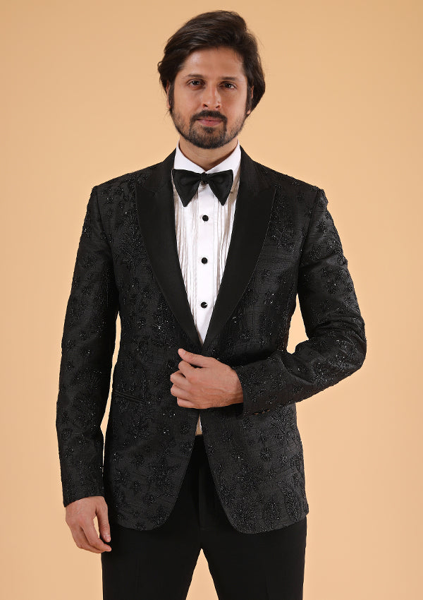 Black Raw Silk Suit with Thread and handwork