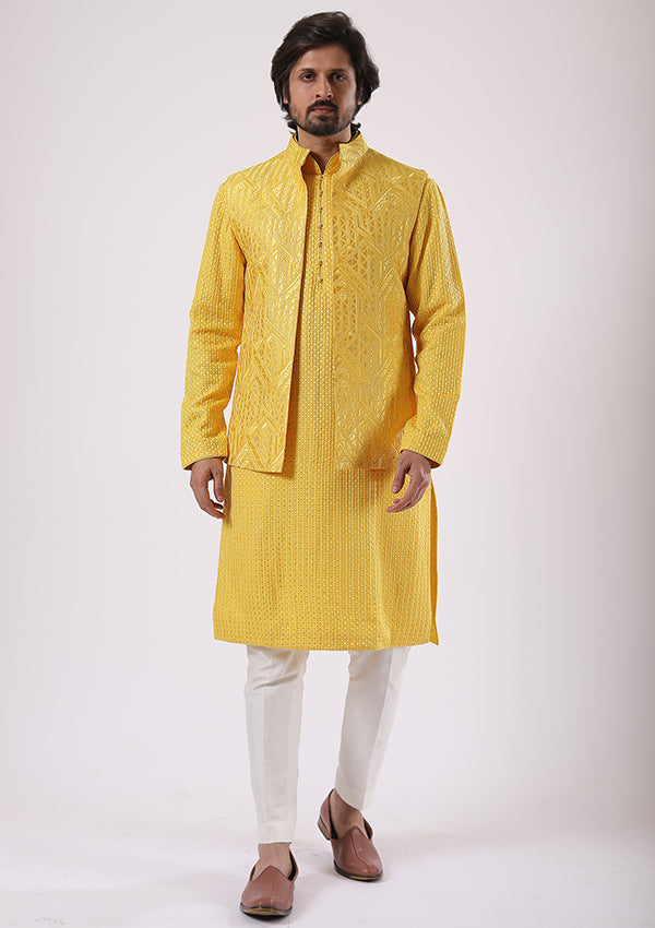 Yellow Kurta Pyjama Koti with Lucknowi work