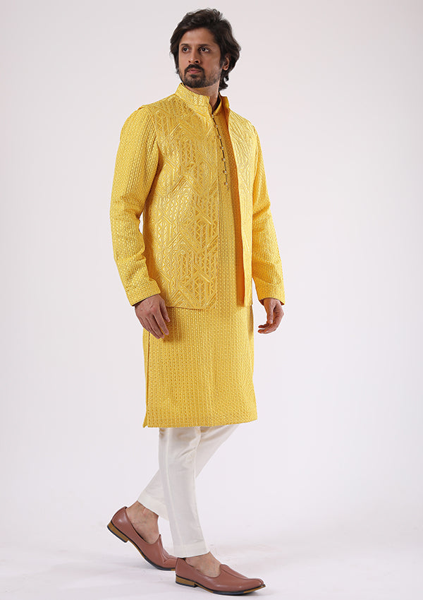Yellow Kurta Pyjama Koti with Lucknowi work