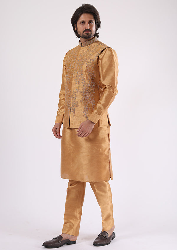 Gold Raw Silk Kurta Pyjama with Thread Work and Tiki work