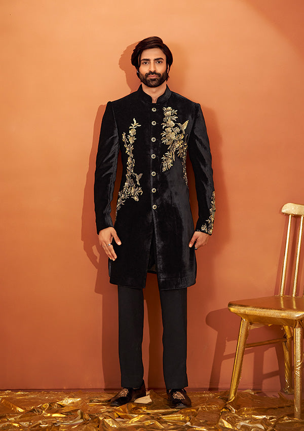 Black Velvet Indo Western with Handcrafted Zari and Tiki Work