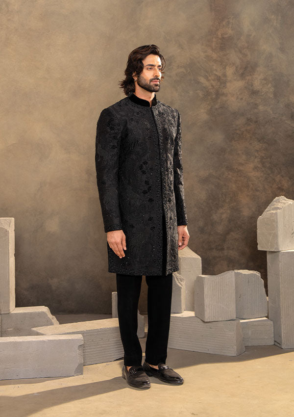 Black Raw Silk Sherwani Set with Cutdana and Velvet Appliqué Work