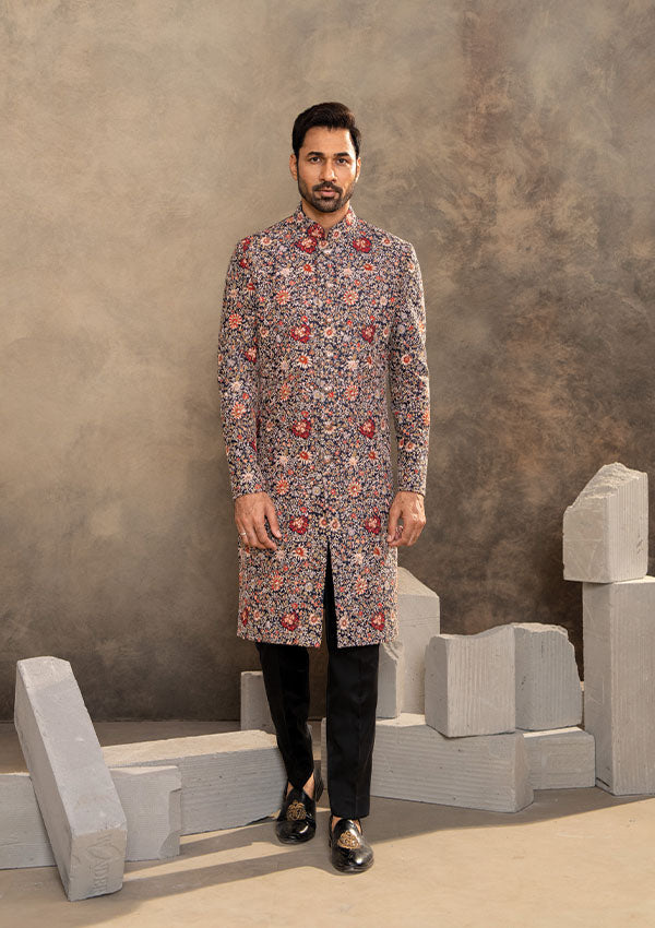 Blue Raw Silk Sherwani Set with Kashmiri Thread Work and Modal Satin Shawl