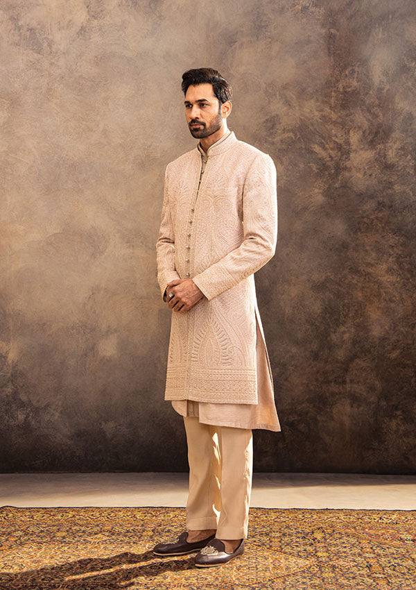 Rose Gold Sherwani Set in Dola Silk with Thread and Cutmoti Handwork