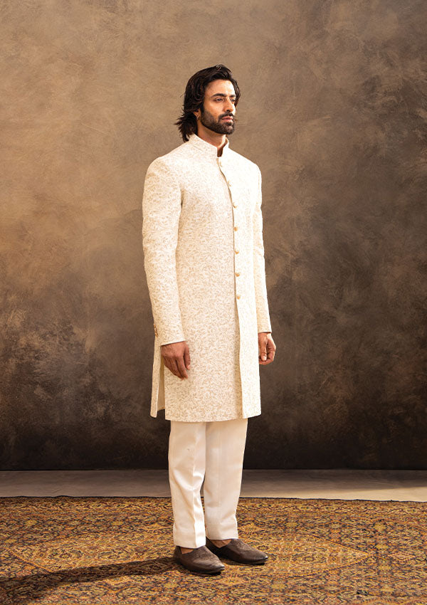 Ivory Raw Silk Sherwani Set with Kasab Machine Work and Shawl