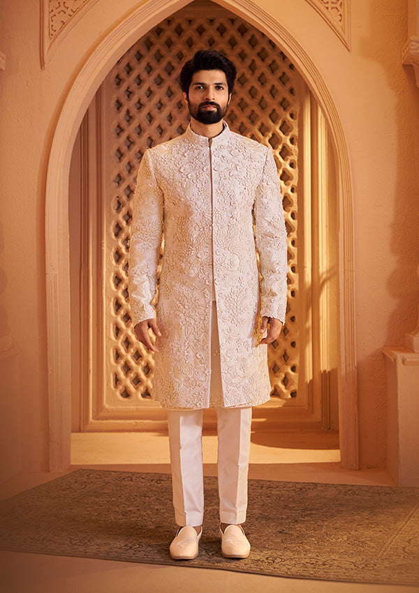 white gold dress guy Off Raw Silk Sherwani with Resham and Leather Finish Applique Wo – MILLIONAIRE FASHIONS PRIVATE LIMITED Mandalaydress
