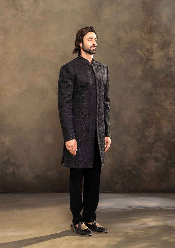 Black Italian Fabric Sherwani Set with Refined Machine and Hand Work