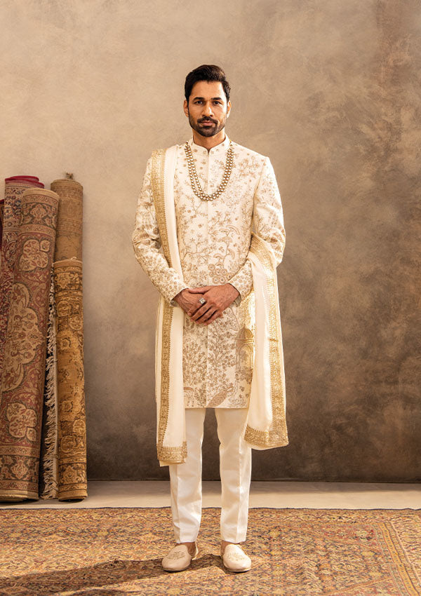Cream Raw Silk Sherwani Set with Cutdana, Tiki and French Knot Work