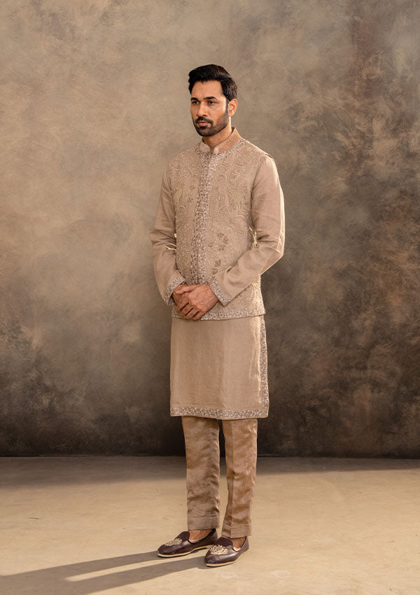 Light Brown Linen Kurta Set with Thread, Patch and Cutmoti Work Koti