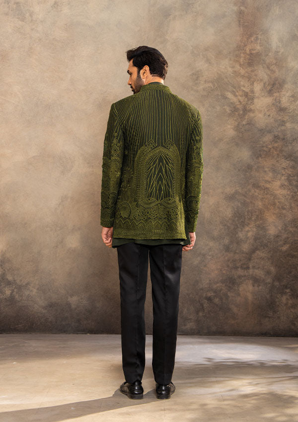 Lush Green Jodhpuri Suit Set in Georgette with Embroidery Detailing
