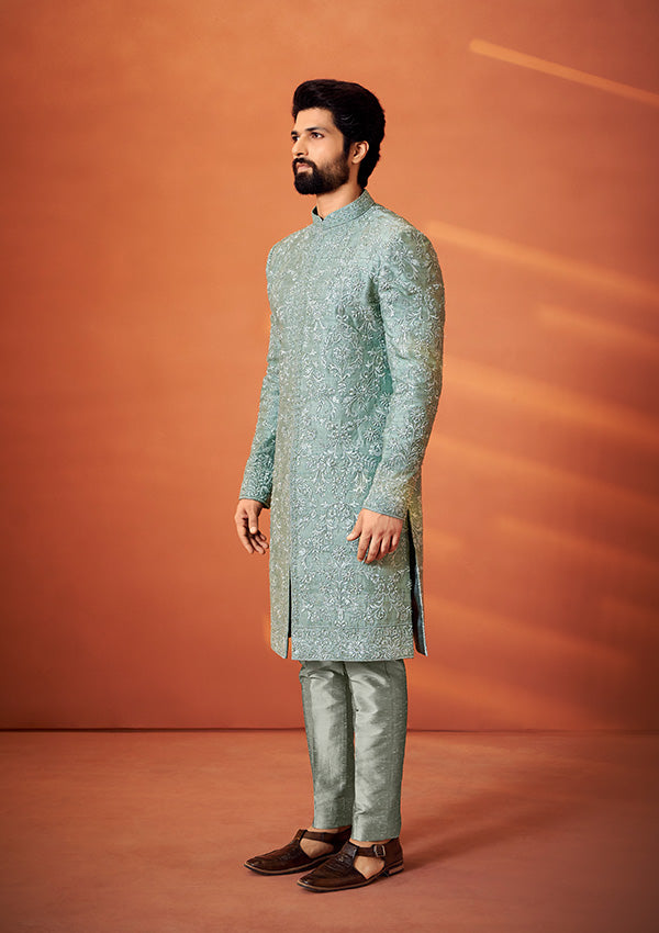 Sage Green Raw Silk Sherwani with Resham Thread and Pearl Hand Work