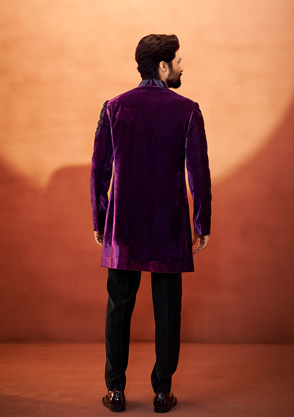 Wine Velvet Indo Western Sherwani With Handcrafted Stone Work