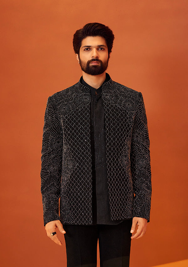 Black Armani Bandhgala with Gunmetal Pearl Embroidery