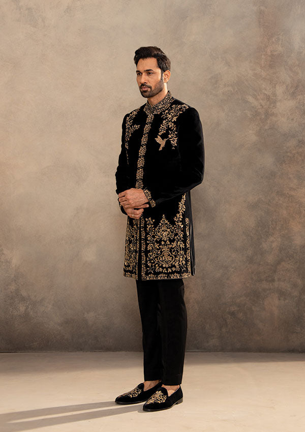Black Velvet Sherwani and Pyjama Set with Metallic Zardozi Motifs