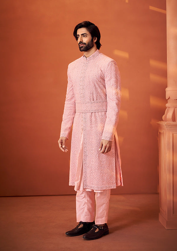 Light Pink Organza & Georgette Sherwani With Applique and Cut Dana Work