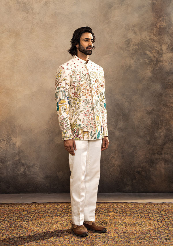 Cream Raw Silk Ensemble with Nature Inspired Thread and Zardozi Work