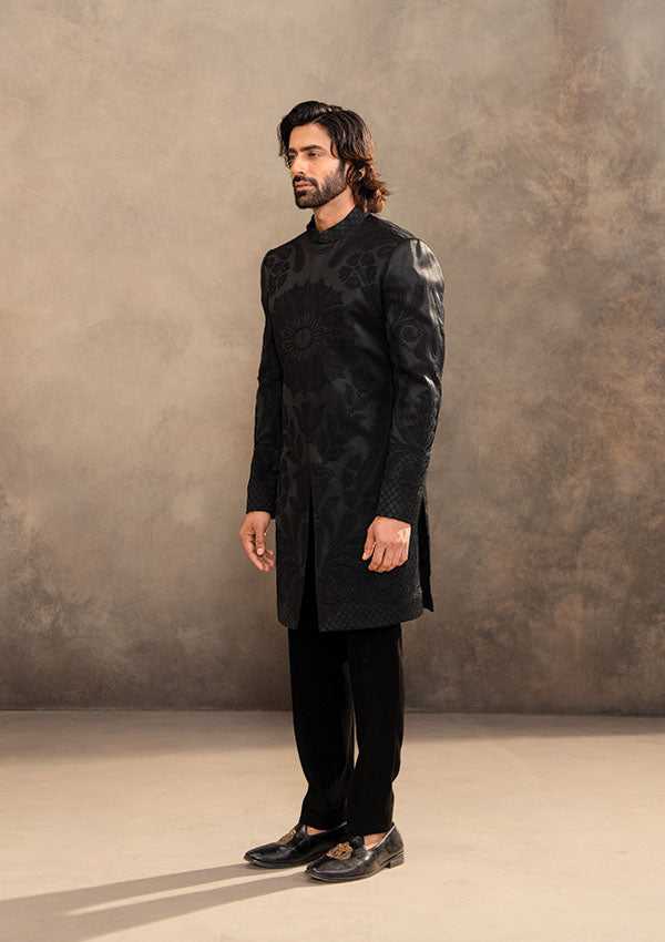 Black Satin Sherwani and Pyjama Set with Tonal Thread Embroidery