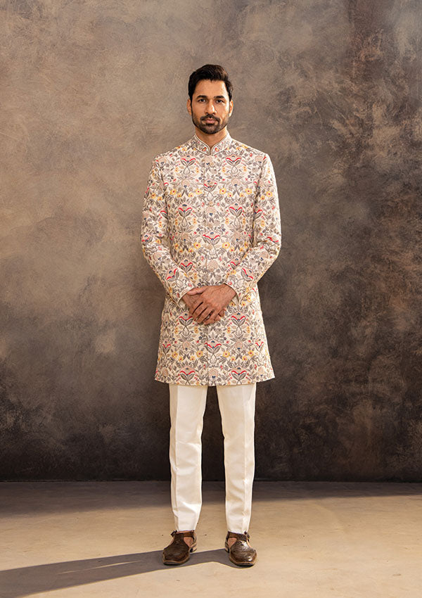 Cream Raw Silk Sherwani Set with Multicolour Floral Thread Machine Work