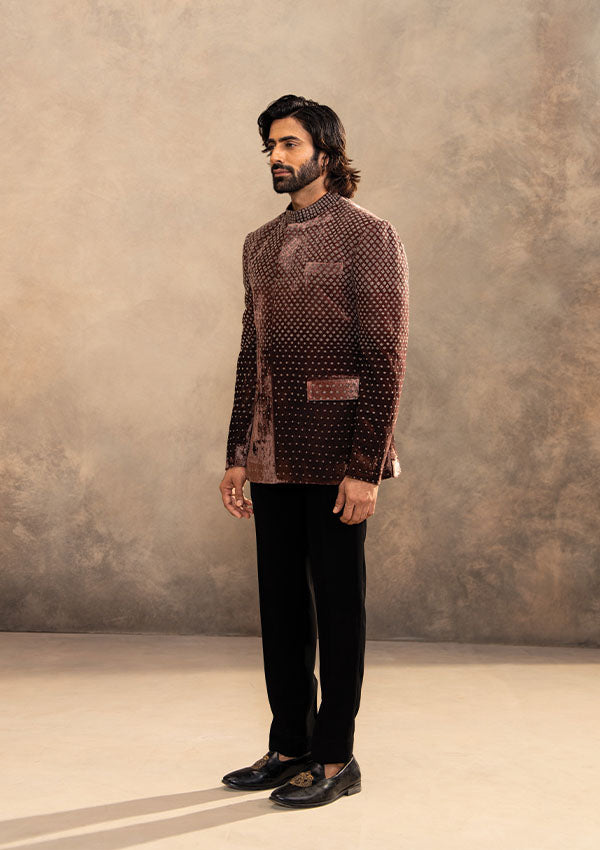 Brown Velvet Jodhpuri Set with All Over Gunmetal Hand Work