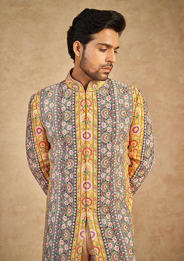 Multi Colour Silk Sherwani with Patch work