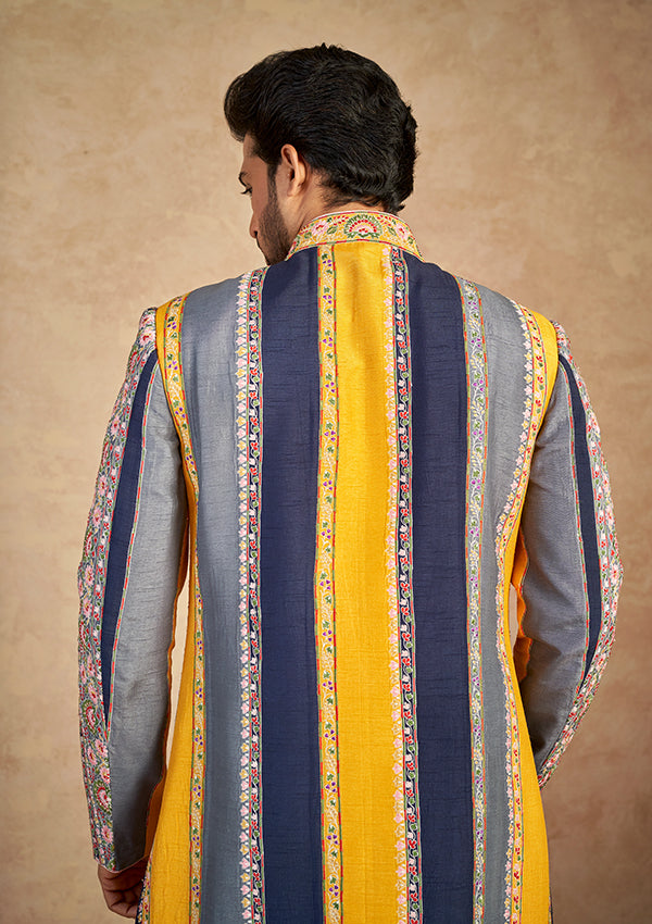 Multi Colour Silk Sherwani with Patch work