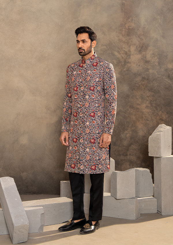 Blue Raw Silk Sherwani Set with Kashmiri Thread Work and Modal Satin Shawl