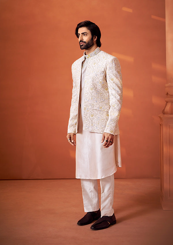 Peach Gold Fire Silk Indo Western Kurta with Handcrafted Resham Embroidery