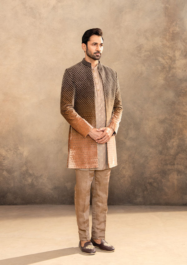 Brown Velvet Indo Kurta Set with Gunmetal and Buti Kasab Hand Work