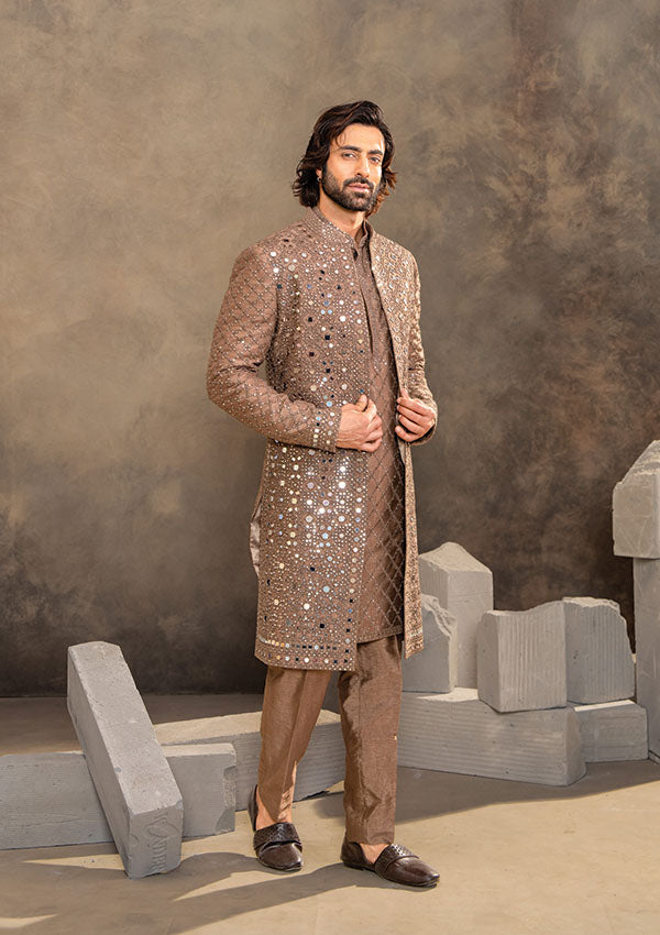 Mehndi Brown Dupion Silk Indo Western Set with Thread and Mirror Work