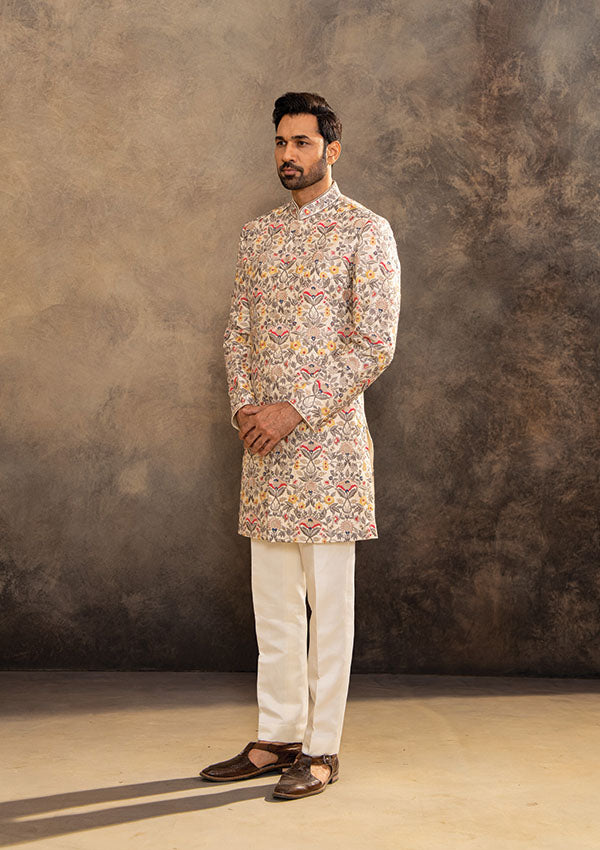 Cream Raw Silk Sherwani Set with Multicolour Floral Thread Machine Work