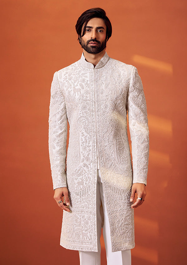 Ivory Raw Silk Sherwani with Resham Thread and Pearl Hand Work