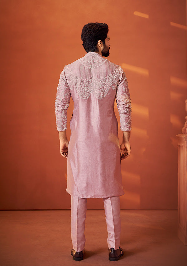 Rose Gold Raw Silk Kurta with Handcrafted Resham Thread and Pearl Detailing
