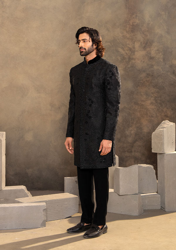 Black Raw Silk Sherwani Set with Cutdana and Velvet Appliqué Work