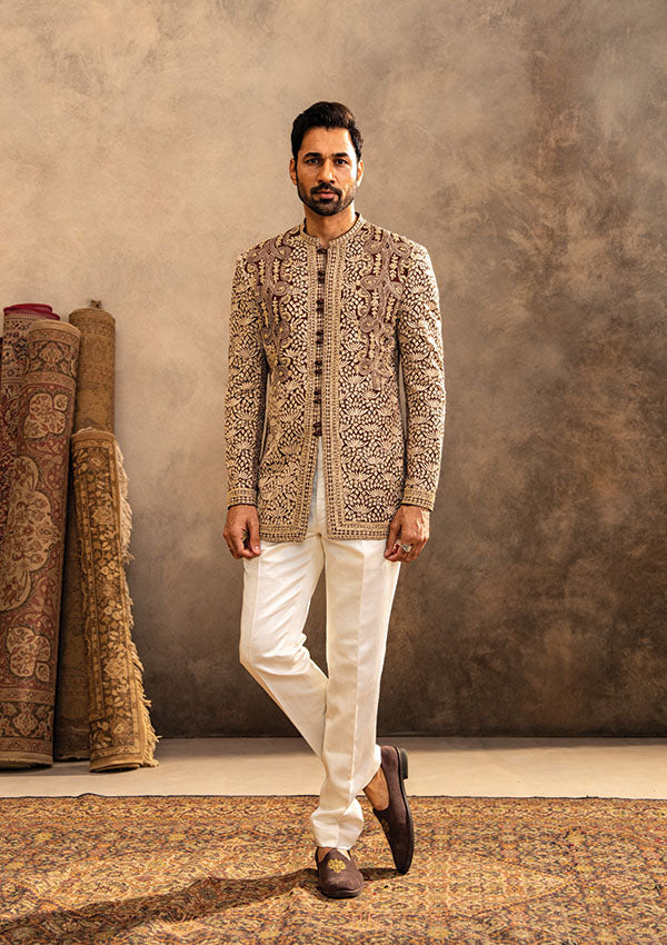 Brown Georgette Jodhpuri Set with Thread & Cutdana Work