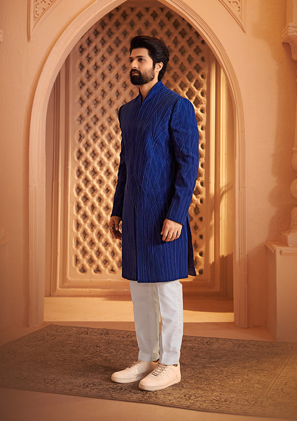 Royal Blue Enigma Indo Western Sherwani with Handcrafted Thread Embroidery