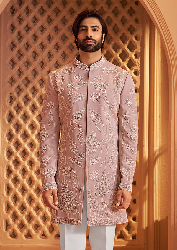Grey Satin Silk Indo Western with All-over Pearl Hand Work