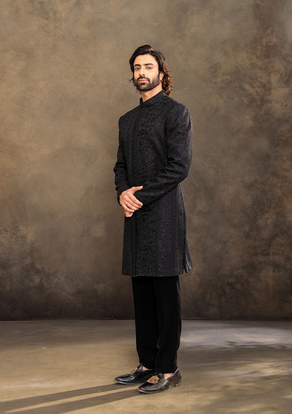 Black Italian Fabric Sherwani Set with Refined Machine and Hand Work