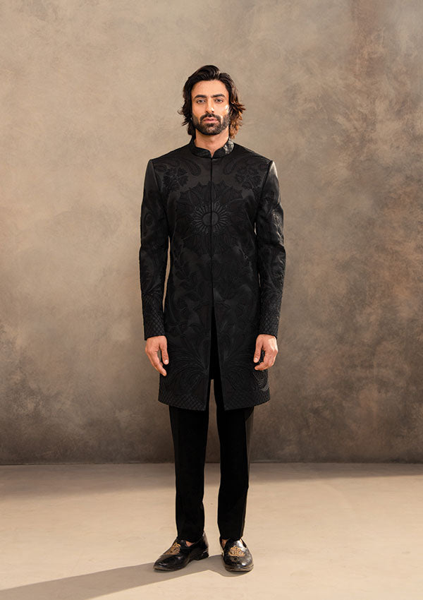 Black Satin Sherwani and Pyjama Set with Tonal Thread Embroidery