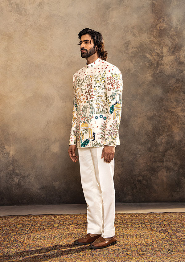 Cream Raw Silk Ensemble with Nature Inspired Thread and Zardozi Work