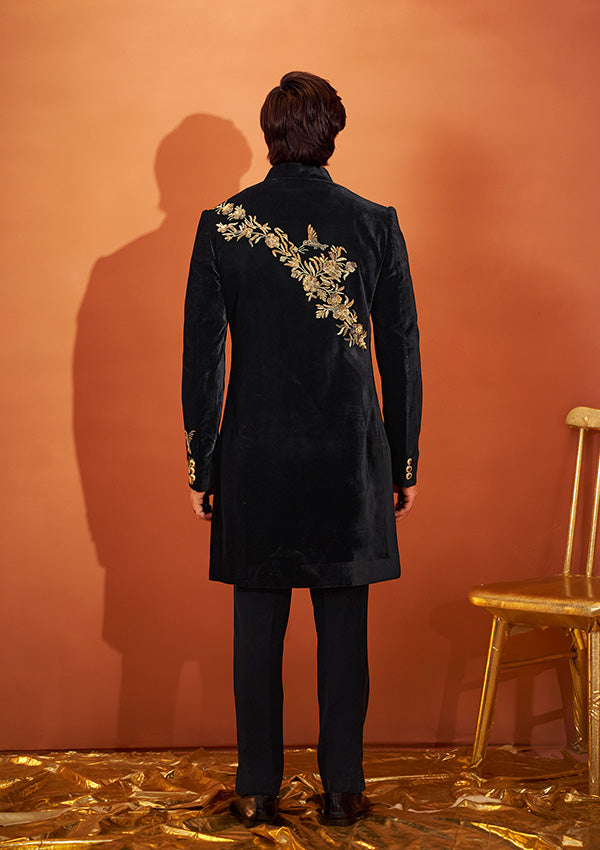Black Velvet Indo Western with Handcrafted Zari and Tiki Work