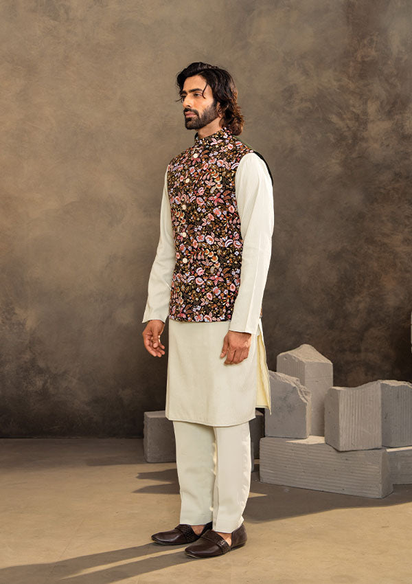 Pista Green Kurta Pajama Set with Bottle Green Koti and Floral Stitch Detailing