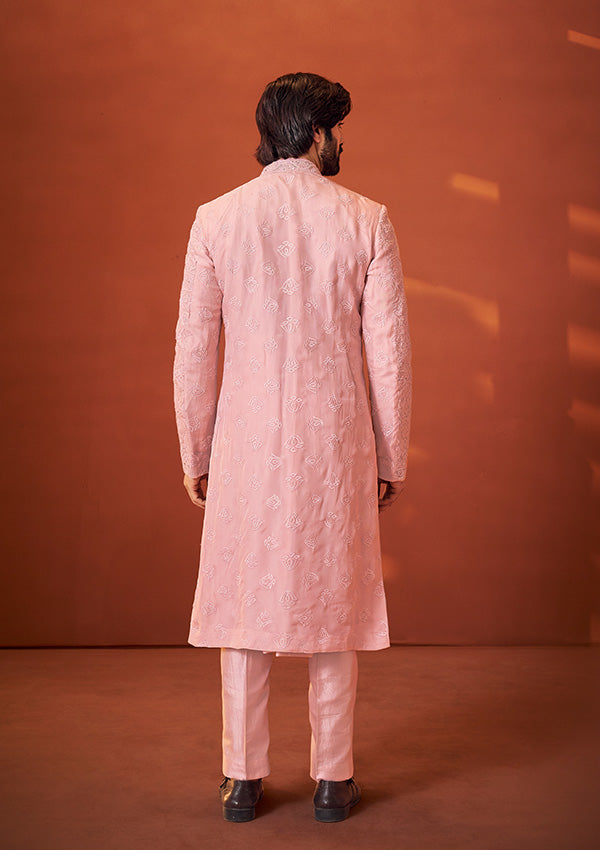 Light Pink Organza & Georgette Sherwani With Applique and Cut Dana Work