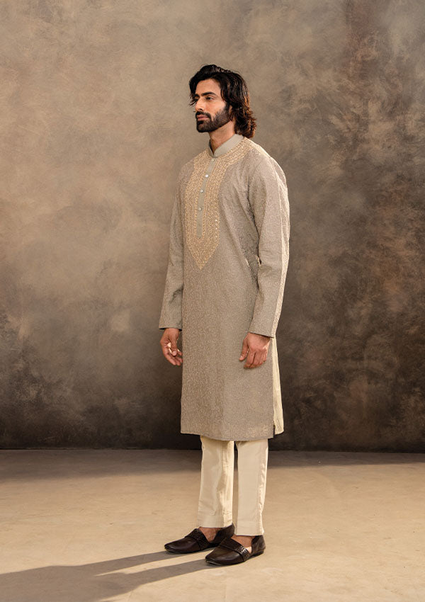 Light Green Spun Silk Kurta Set with Shawl and Kasab Tiki Work