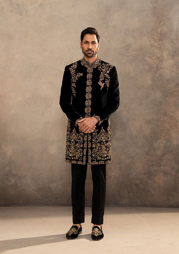 Black Velvet Sherwani and Pyjama Set with Metallic Zardozi Motifs