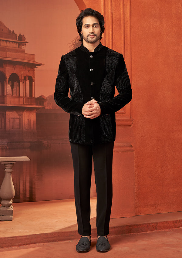 Black Velvet Bandhgala With Kasab Design Work