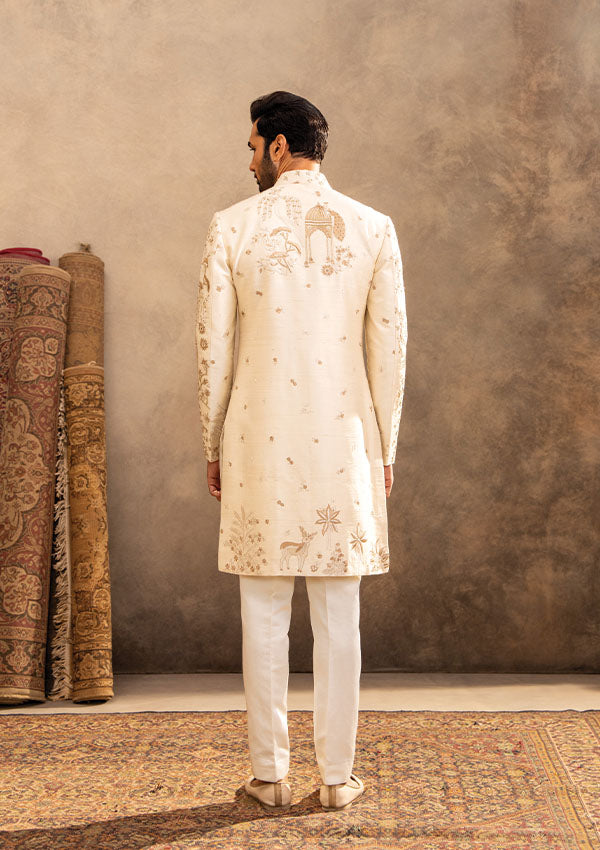 Cream Raw Silk Sherwani Set with Cutdana, Tiki and French Knot Work