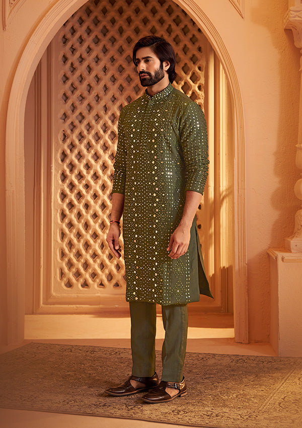 Green Fire Silk Sherwani with All-Over Mirror and Resham Thread Embroidery