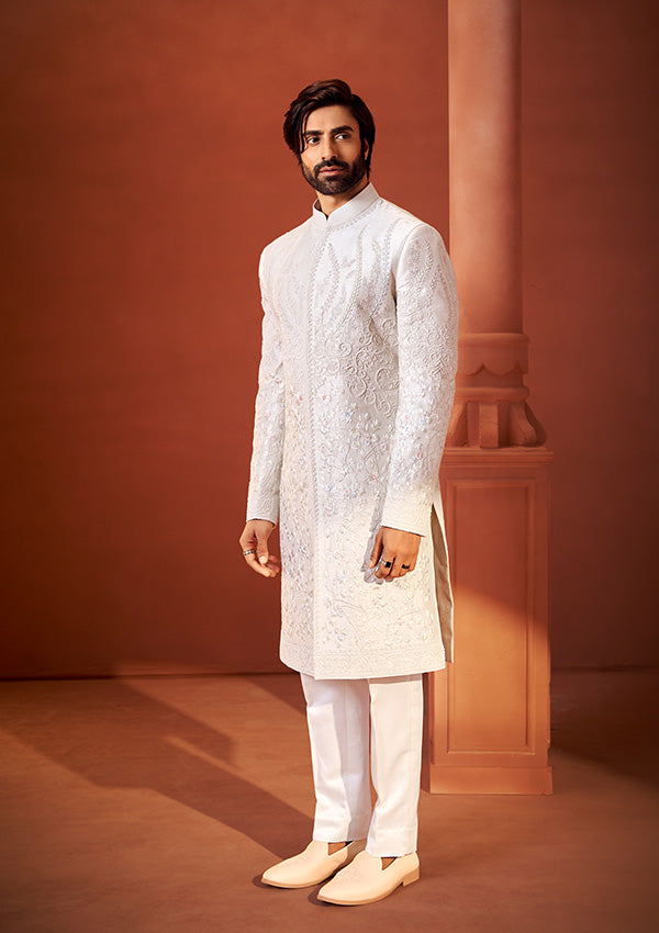 Off White Raw Silk Sherwani with Signature Resham Thread and Pure Pearl Work