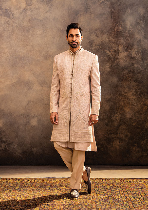 Rose Gold Sherwani Set in Dola Silk with Thread and Cutmoti Handwork