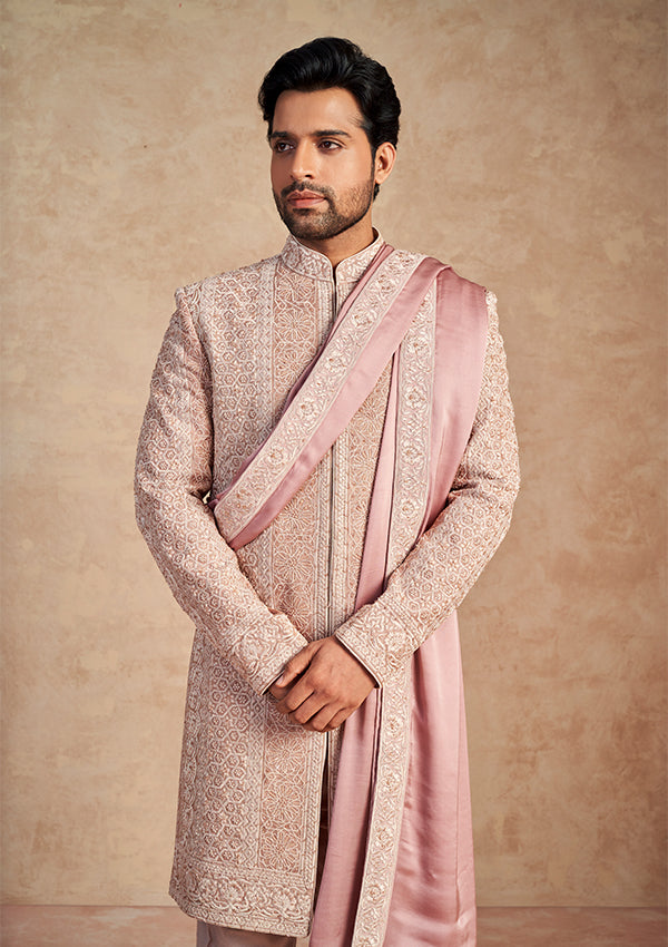 Rose Gold Shimmer Silk Sherwani with Thread and curdana work